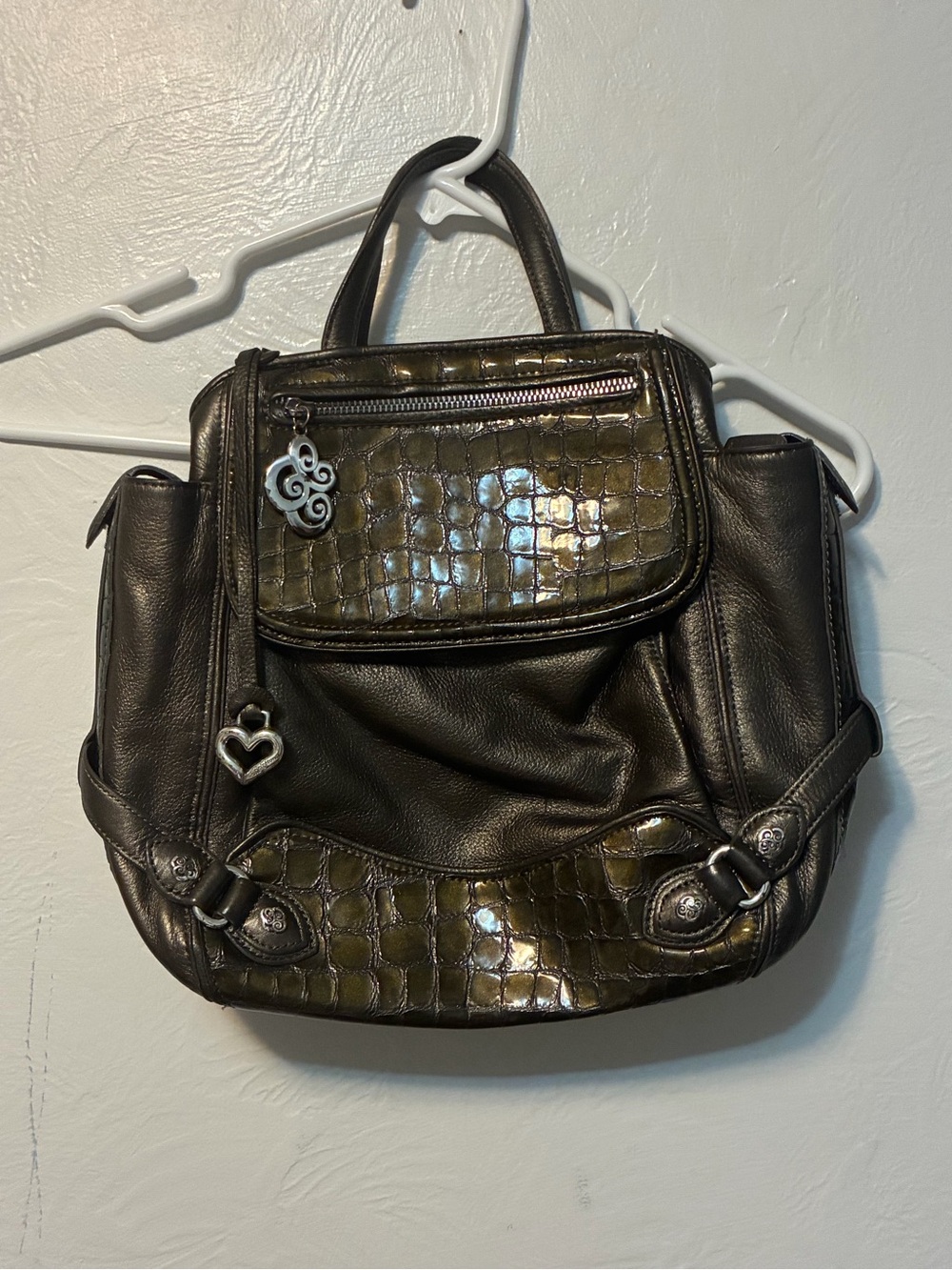 Brighton Leather Croc Embossed Backpack Purse Brown Heart Charm- NO STRAPS